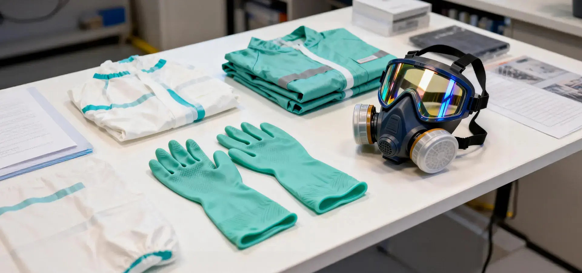 PPE equipment for resin 3D printing including gloves respirator and eye protection