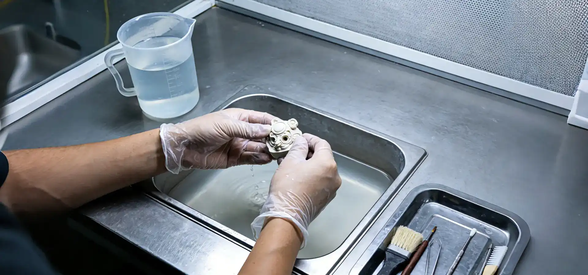 safe resin post processing workflow with gloves and cleaning station