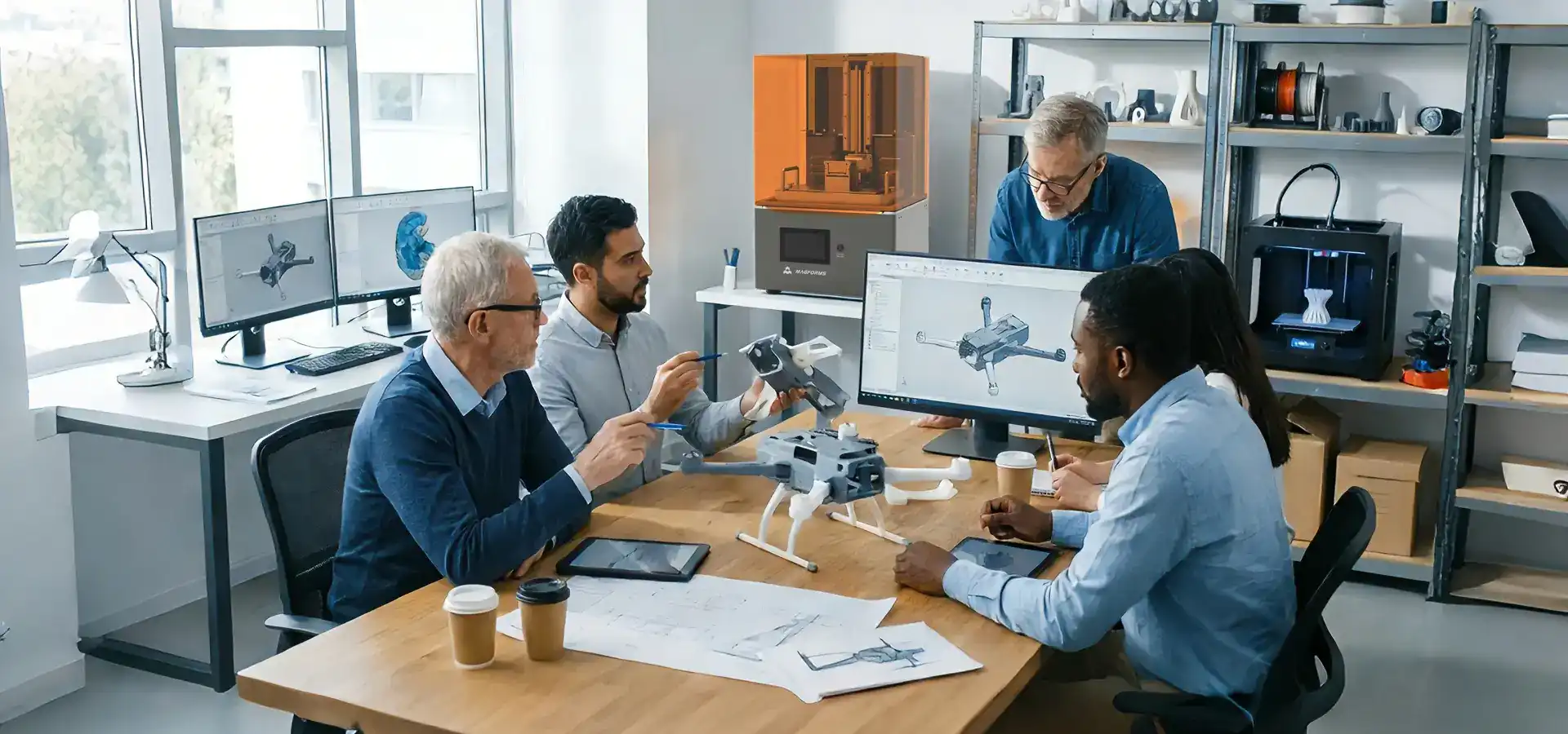 Engineering team evaluating custom 3D print solutions and reviewing printed prototypes
