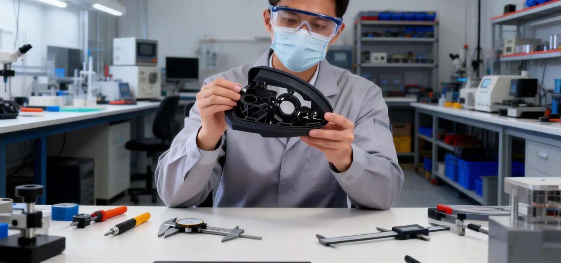 Engineer performing quality inspection on industrial 3D print component Engineer performing quality inspection on industrial 3D print component