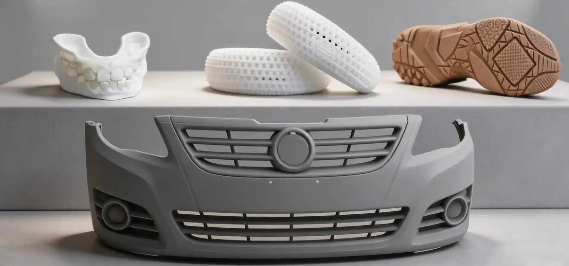 3D printed automotive parts and dental models made with resin-based SLA technology, displayed on a table, showcasing diverse applications in medical and automotive industries.