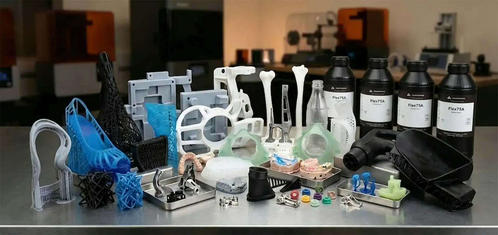 Different materials used in 3D print including resin metal and thermoplastics