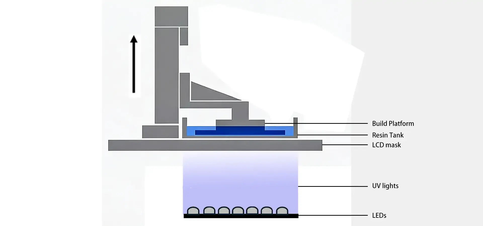 Resin printer LCD curing process with UV light exposure Resin printer LCD curing process with UV light exposure