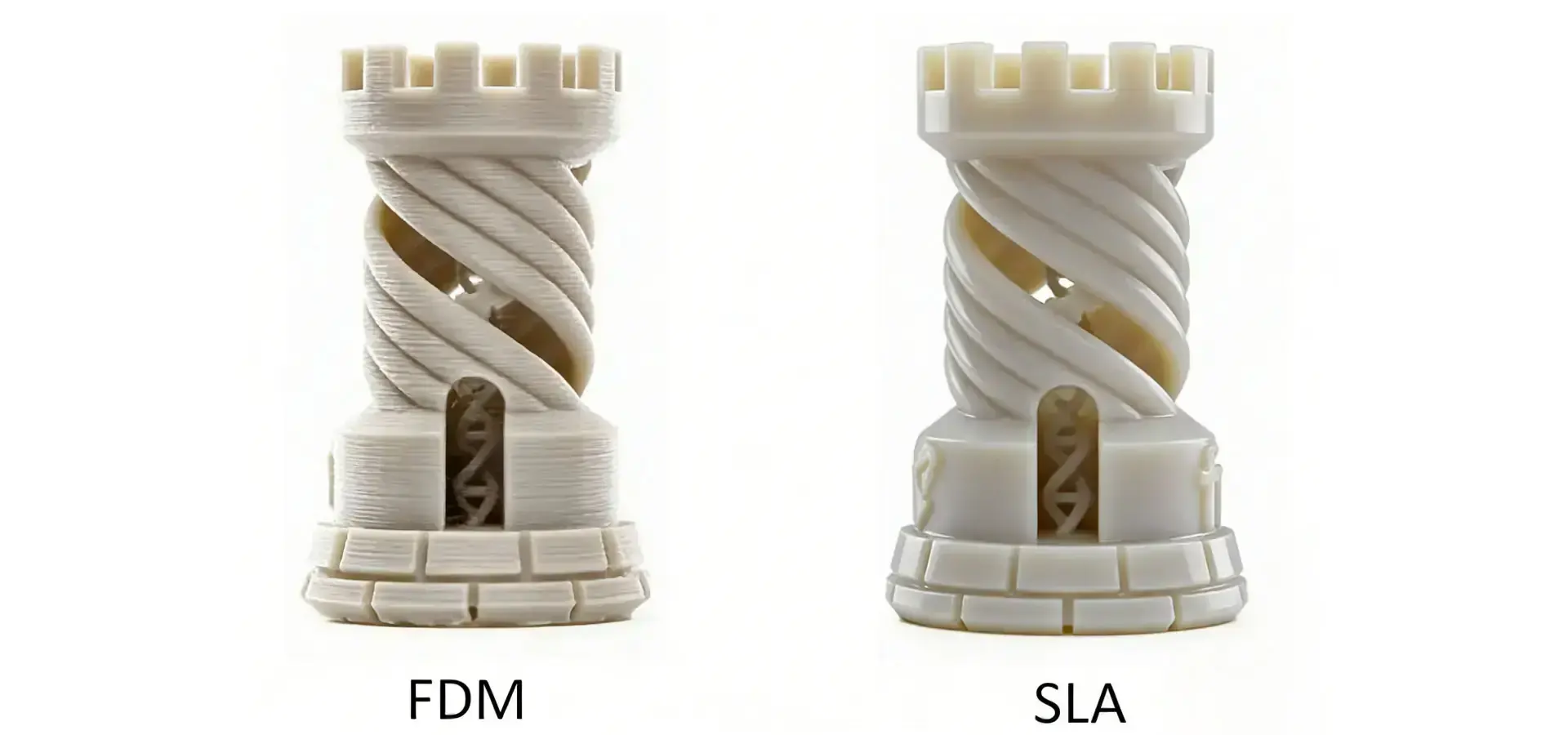 Comparison between Budget SLA printer and FDM technologies showing surface finish and precision differences