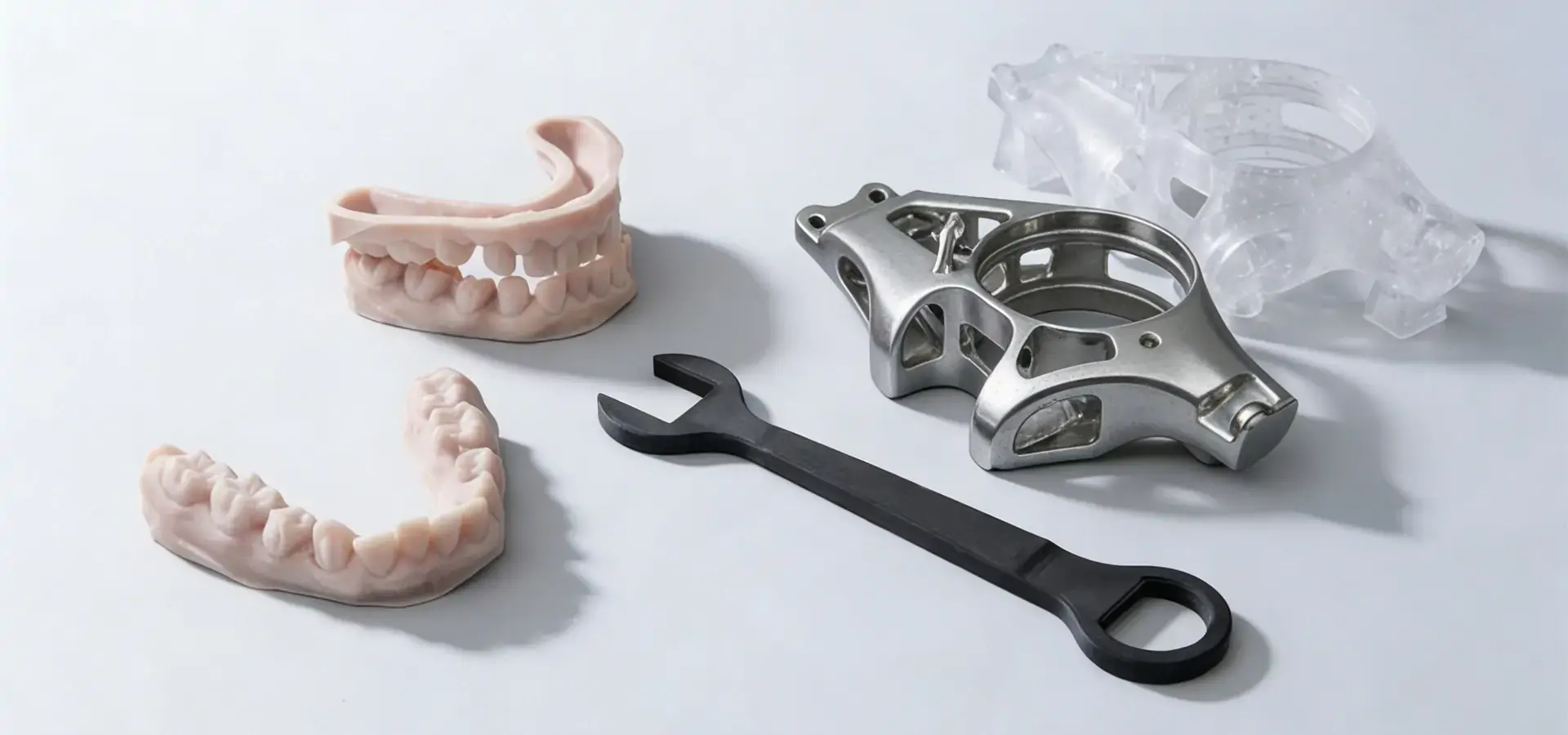 Different photopolymer resins used in stereolithography 3D printing including engineering, dental and castable materials