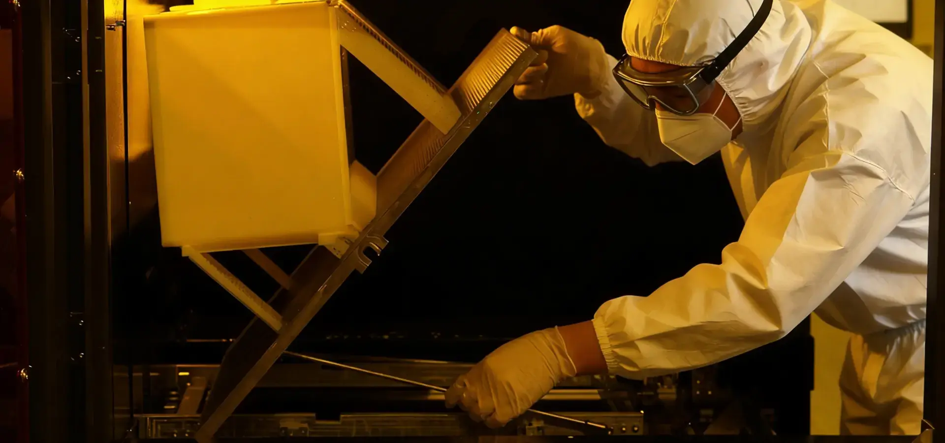 Technician performing maintenance and calibration on professional 3D printer