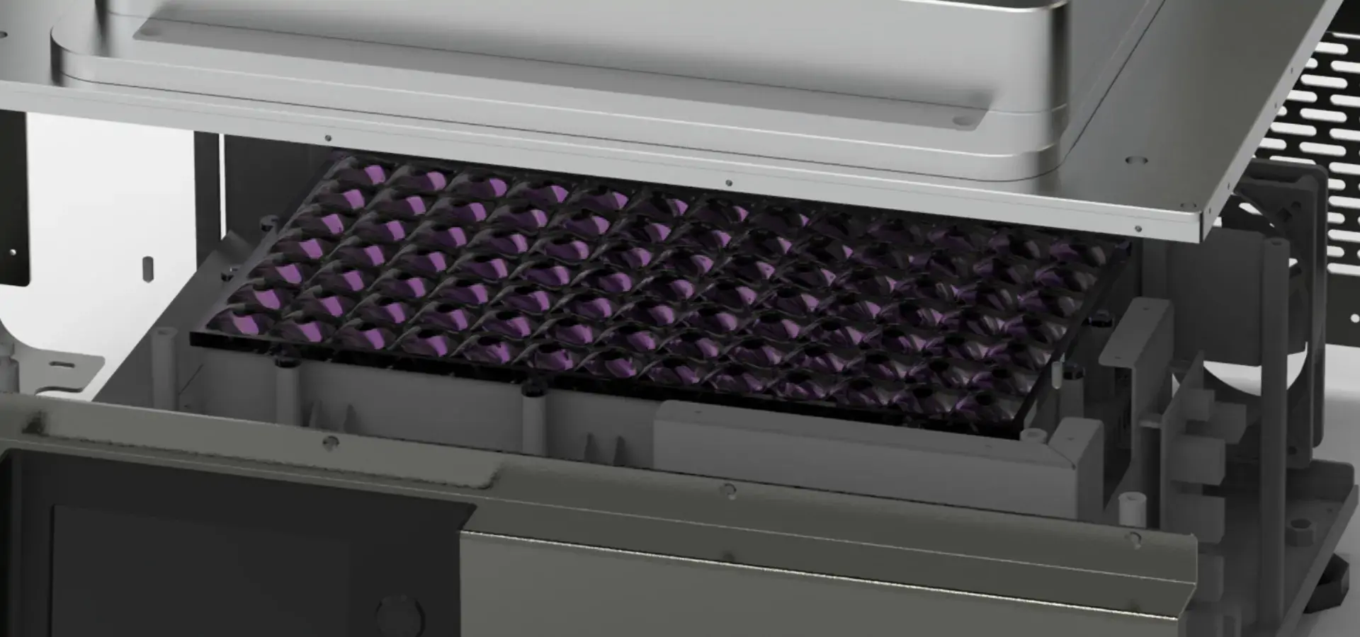 Key hardware components inside a Desktop Stereolithography 3D printer including LCD screen, resin vat and UV LED