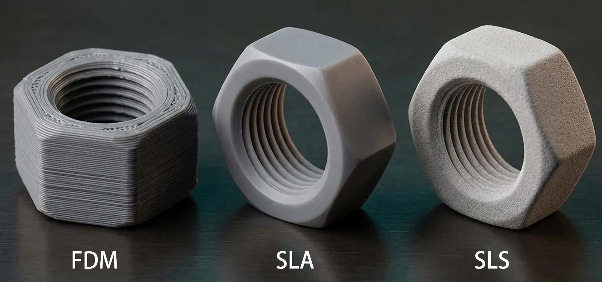 Comparison between Industrial SLA 3D printer, SLS and FDM technologies showing resolution differences