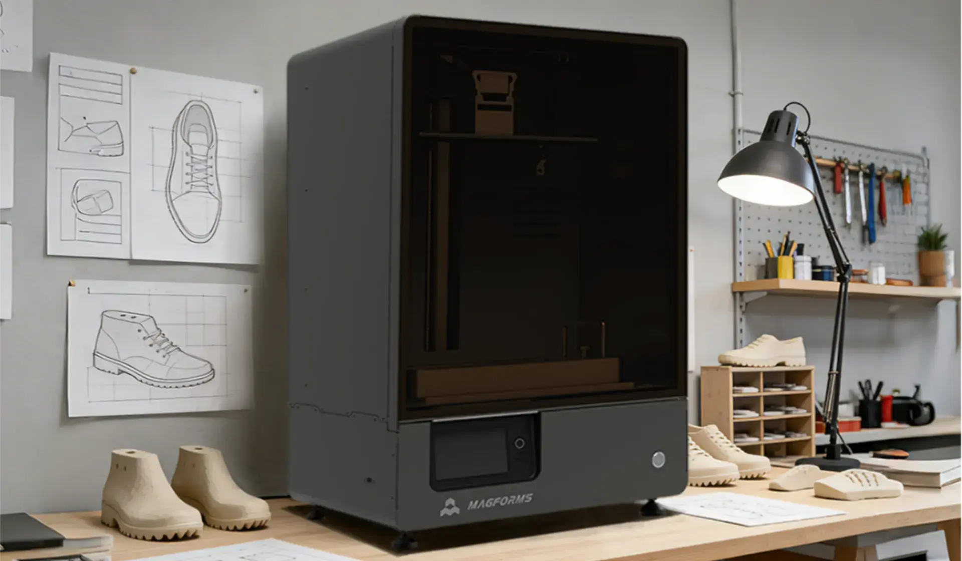 Magforms industrial high resolution 3D printer with open-platform resin system on a factory floor