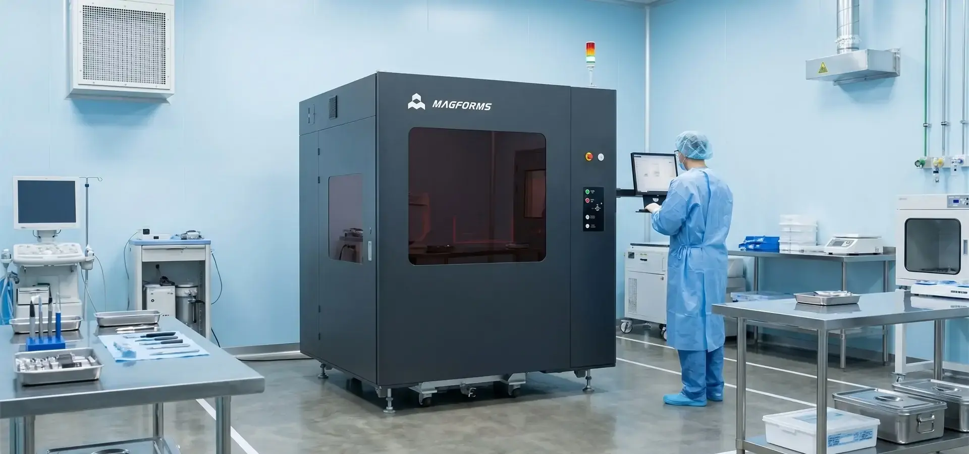 Controlled workspace with a Stereolithography 3D printer in operation
