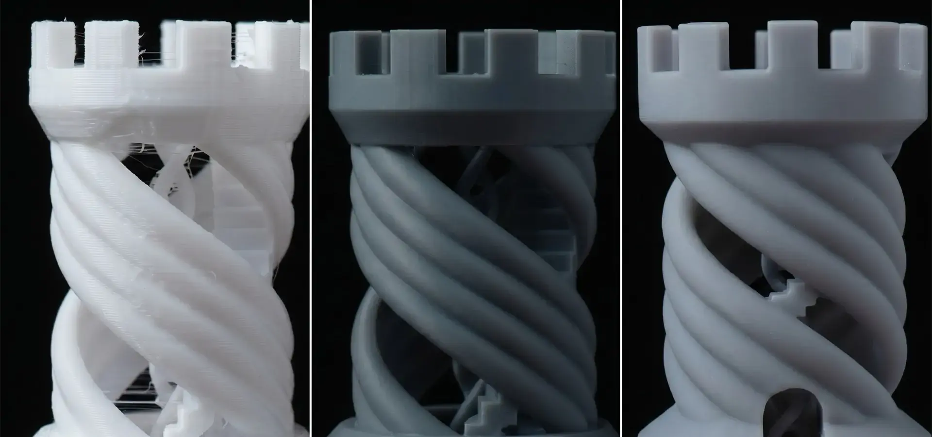 Surface finish comparison between FDM, budget SLA printer, and industrial SLA for engineering prototypes