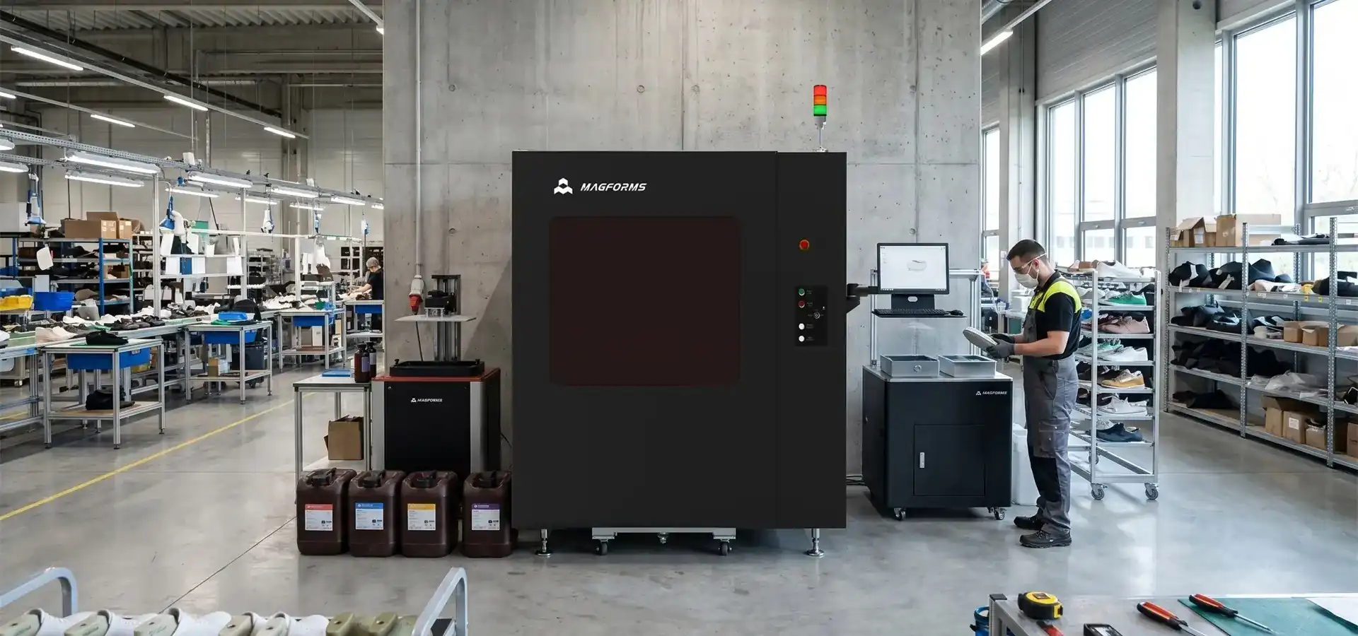 Climate-controlled workspace for industrial shoe 3D printer systems Climate-controlled workspace for industrial shoe 3D printer systems