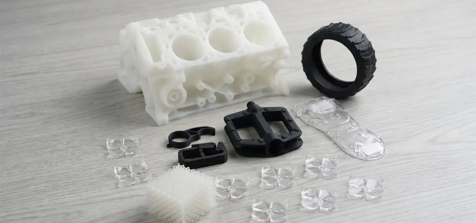 Engineering resin samples produced by a high resolution 3D printer Engineering resin samples produced by a high resolution 3D printer