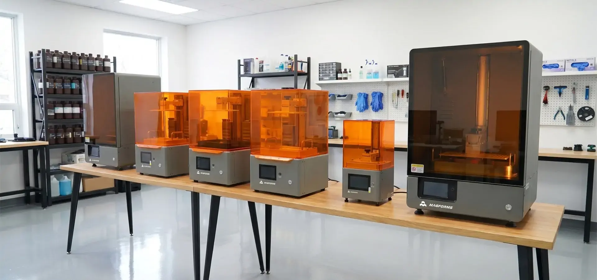 Fast resin 3D printer farm running continuous industrial production