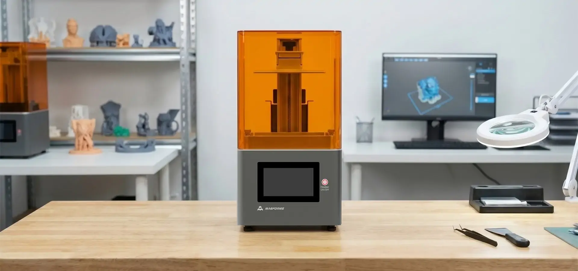 Engineer operating Stereolithography 3D printer in industrial workshop environment