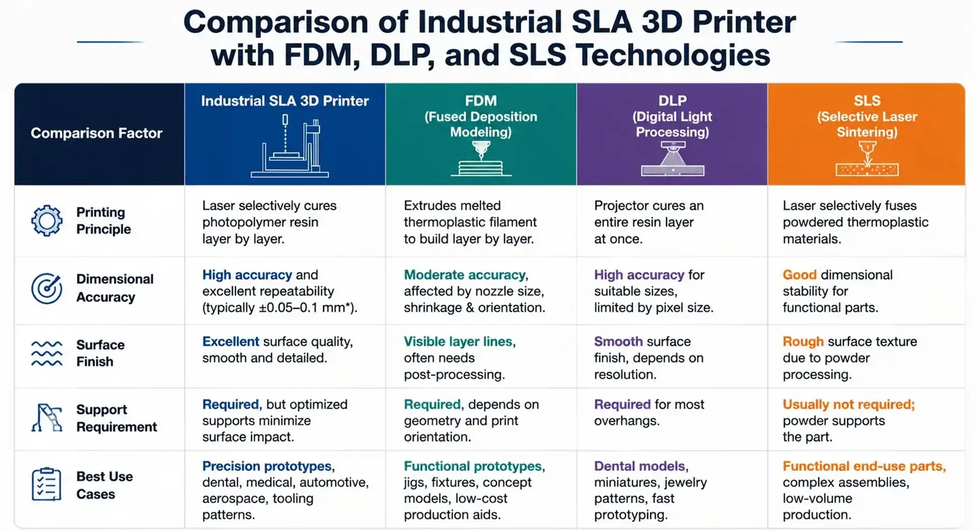 Comparison of Industrial SLA 3D Printer with FDM DLP and SLS technologies